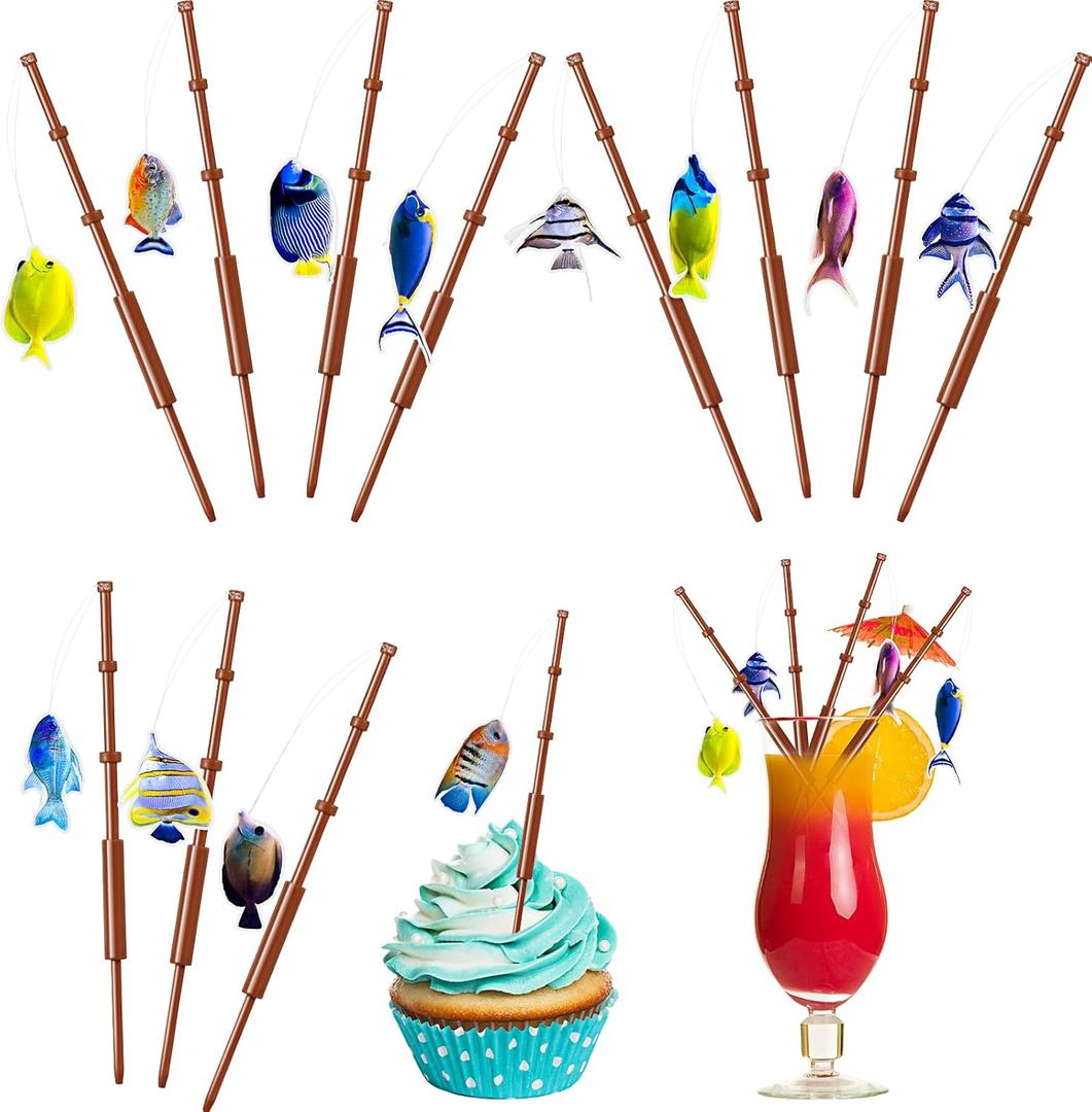Syhood 24 Pcs Mini Fish Pole Decoration Little Fisherman Fishing Themed Party Supplies for Cake Topper Birthday Party Drink Cake Decoration (Tropical)
