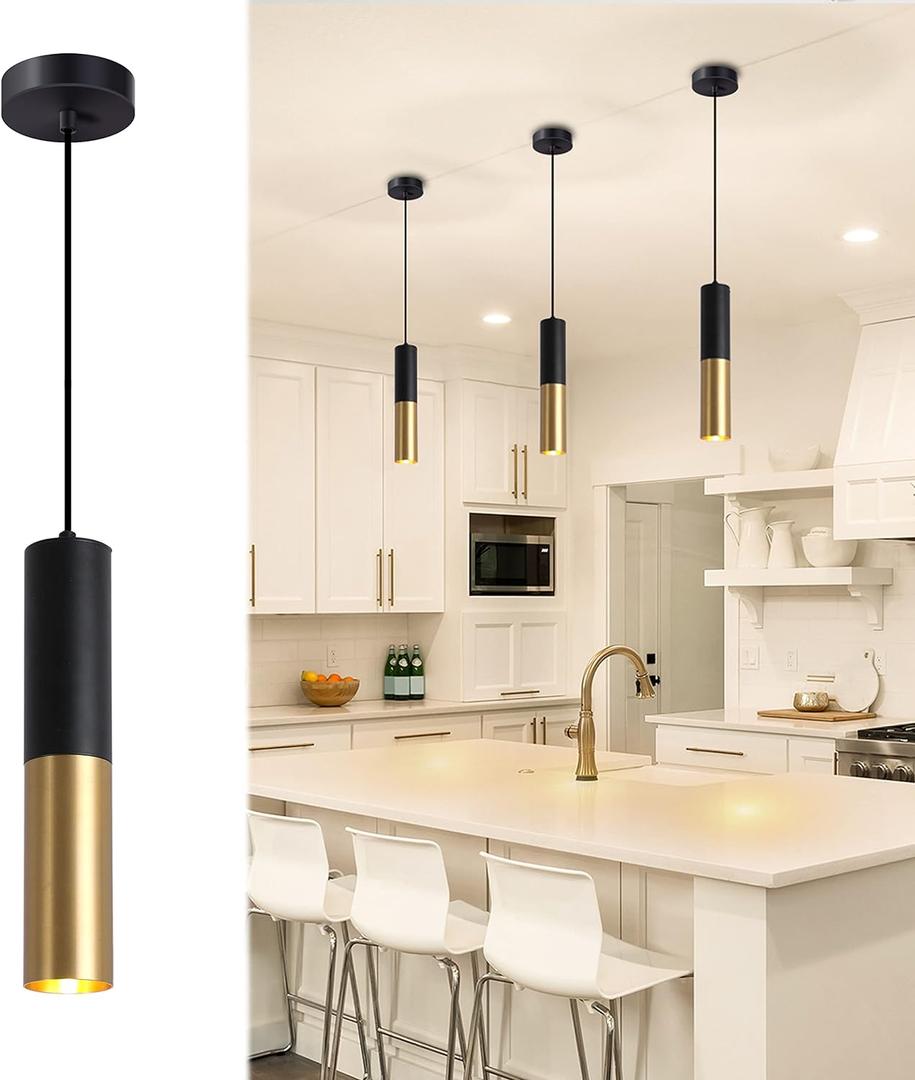Modern Pendant Light Fixture Kitchen Island,1-Light Black Gold GU10 Hanging Light Cord Adjustable Cylinder Pendants Lamp for Livingroom Bedroom Diningroom 1-Pack