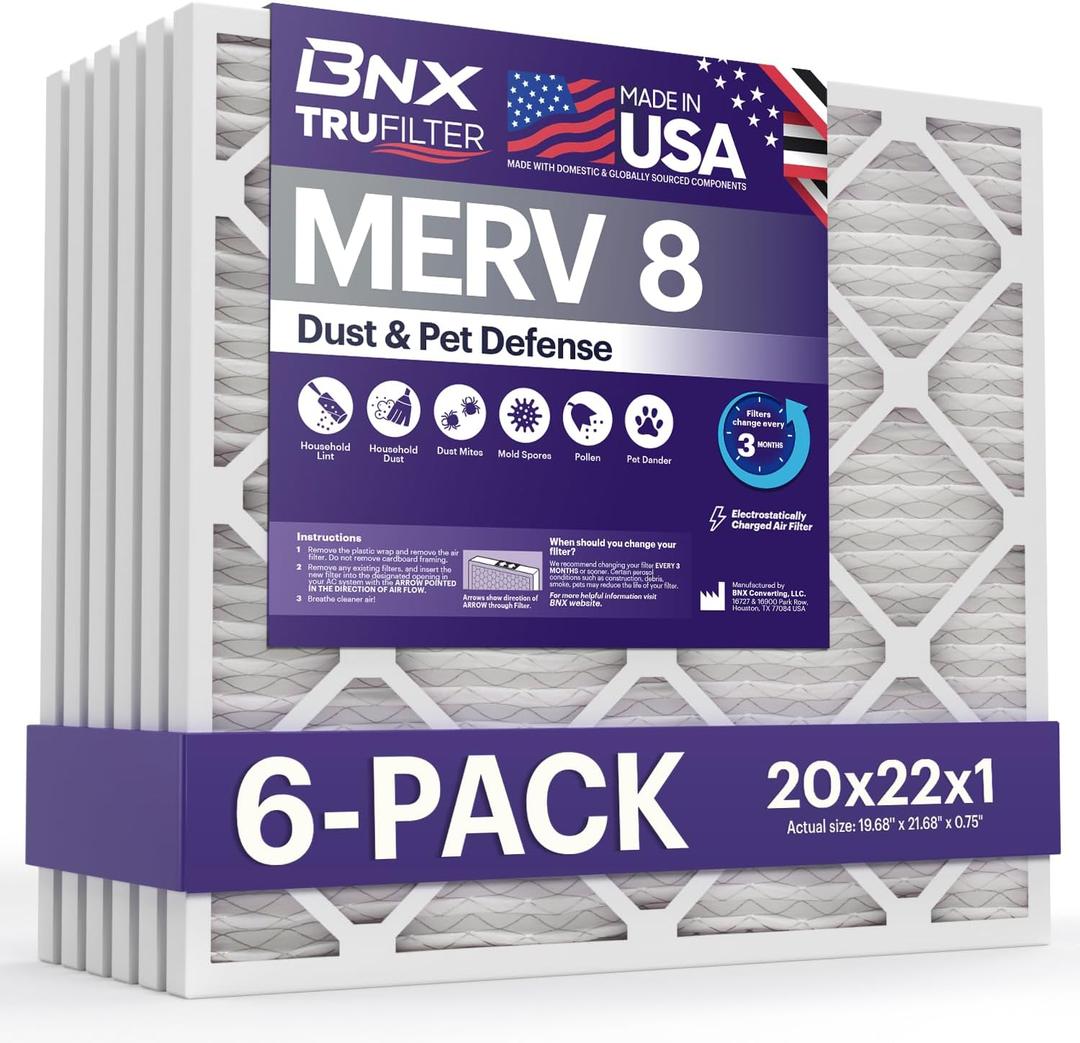 BNX TruFilter 20x22x1 Air Filter MERV 8 (6-Pack) - MADE IN USA Dust & Pet Defense Electrostatic Pleated Air Conditioner HVAC AC Furnace Filters for Dust, Pet, Mold, Pollen MPR 600 700 & FPR 5