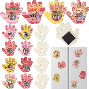 Threehoney 12 Pack Mother's Day Fridge Magnet Picture Frames, DIY Wooden Handprint Craft Kits with Full Magnetic Backing, Handmade Gift for Mom & Grandma, Bulk School Classroom Painting Activity