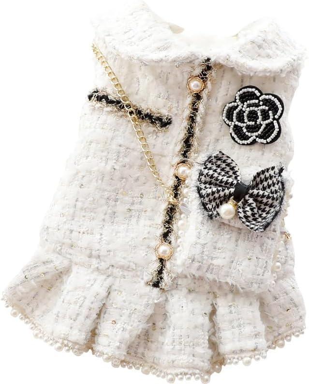 Dog Princess Dresses for Small Dogs Lolita Clothes Tweed Costume White Pet Girl Cute Coat Outfits Fall Costumes (XS,White)