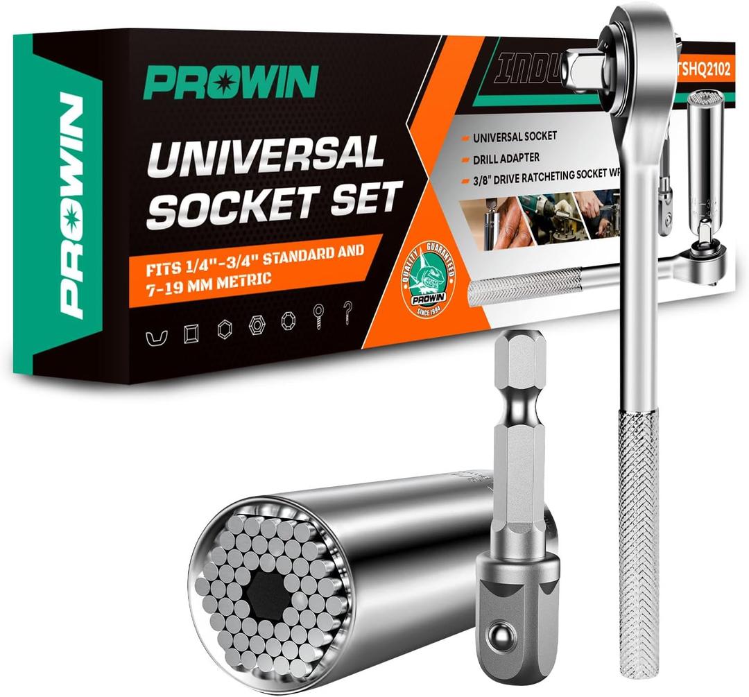 Prowin 3pcs Universal Socket Wrench Ratchet Useful Tool Sets Adapter Retract & Power Drill (1/4in-3/4in) for Men Him Husband Dad Father DIY Handyman Women