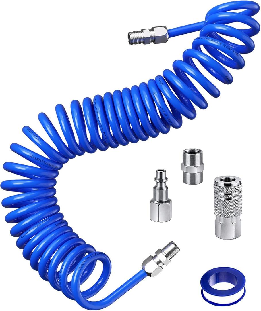 SARDVISA 25 Feet Repairable PU Recoil Air Hose, Air Compressor Hose with 1/4" NPT Industrial Universal Quick Coupler and I/M Plug Kit, 200PSI Max Air Tool Hose (Upgraded)