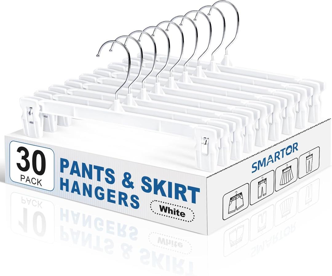 Smartor Skirt Hangers with 360 Swivel Hook, 30 Pack White Pants Hangers for Skirts, Shorts, Jeans & Slacks, Space-Saving Closet Organizer with Strong Grip Clips