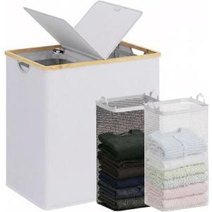 efluky Laundry Hamper with Lid, Double Laundry Hamper with 2 Removable Bags, 2 Section Laundry Basket with Bamboo Handles for Bathroom, Bedroom & Laundry Room, 140L (36.9 Gallon) Light Grey