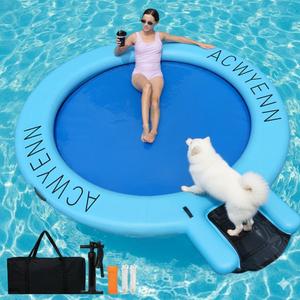 ACWYENN Inflatable Water Hammock Floats for Adults Round Floating Ring Hammock for Lake Pool Beach (8FT Blue with Ramp)