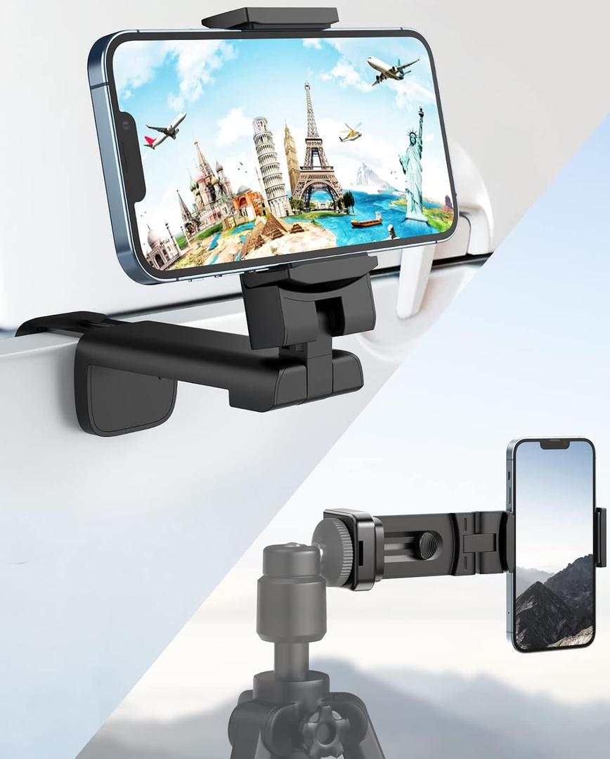 Upgraded Airplane Phone Holder, Plane Travel Essentials, Matte Black | Universal Hands-free Phone Holer with 360 Rotation for Flying, Accessory Travel Must Haves Phone Stand for Desk, Tray Table