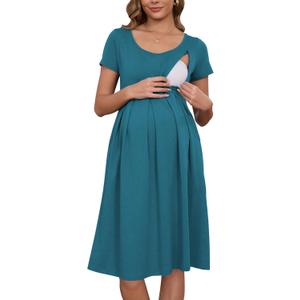 Ecavus Women's Nursing Dress Short Sleeve Hidden Zipper Maternity Breastfeeding Dress with Pockets (Blue, Small)