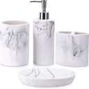 ZCCZ Bathroom Accessory Set, 4 Pcs Marble Look Bathroom Vanity Countertop Bathroom Dcor Sets Accessories with Soap Dispenser, Toothbrush Holder Set, Tumbler, Soap Dish