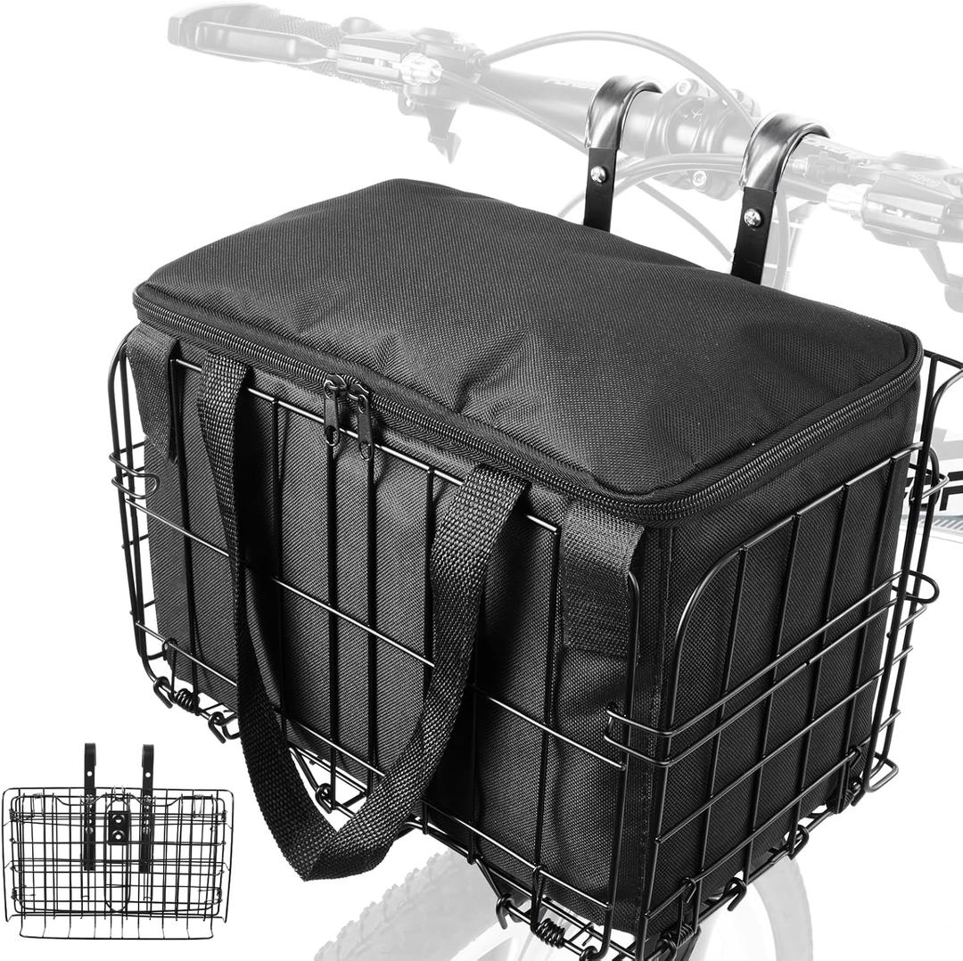 Zacro Bike Basket Front, Folding Bicycle Basket with Removable Liner Bag, Large Quick Release Design Metal Ebike Basket for Adult Women/Men Carrying Dogs, Pets, Fruit & Grocery