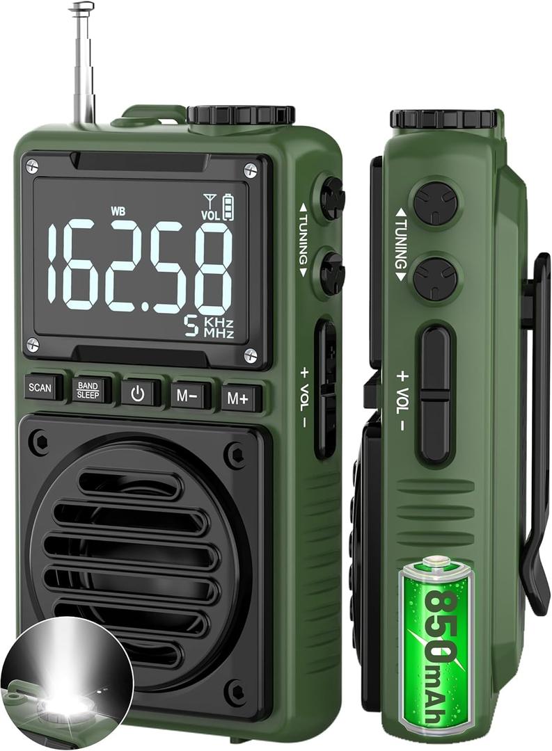 Digital AM FM Weather Band Radio with Flashlight,850mAh Rechargeable Portable Pocket Radio with Best Reception,LCD Screen, Back Clip,Stereo Earphone Jack, SOS Alarm,Sleep Timer for Jogging,Walking