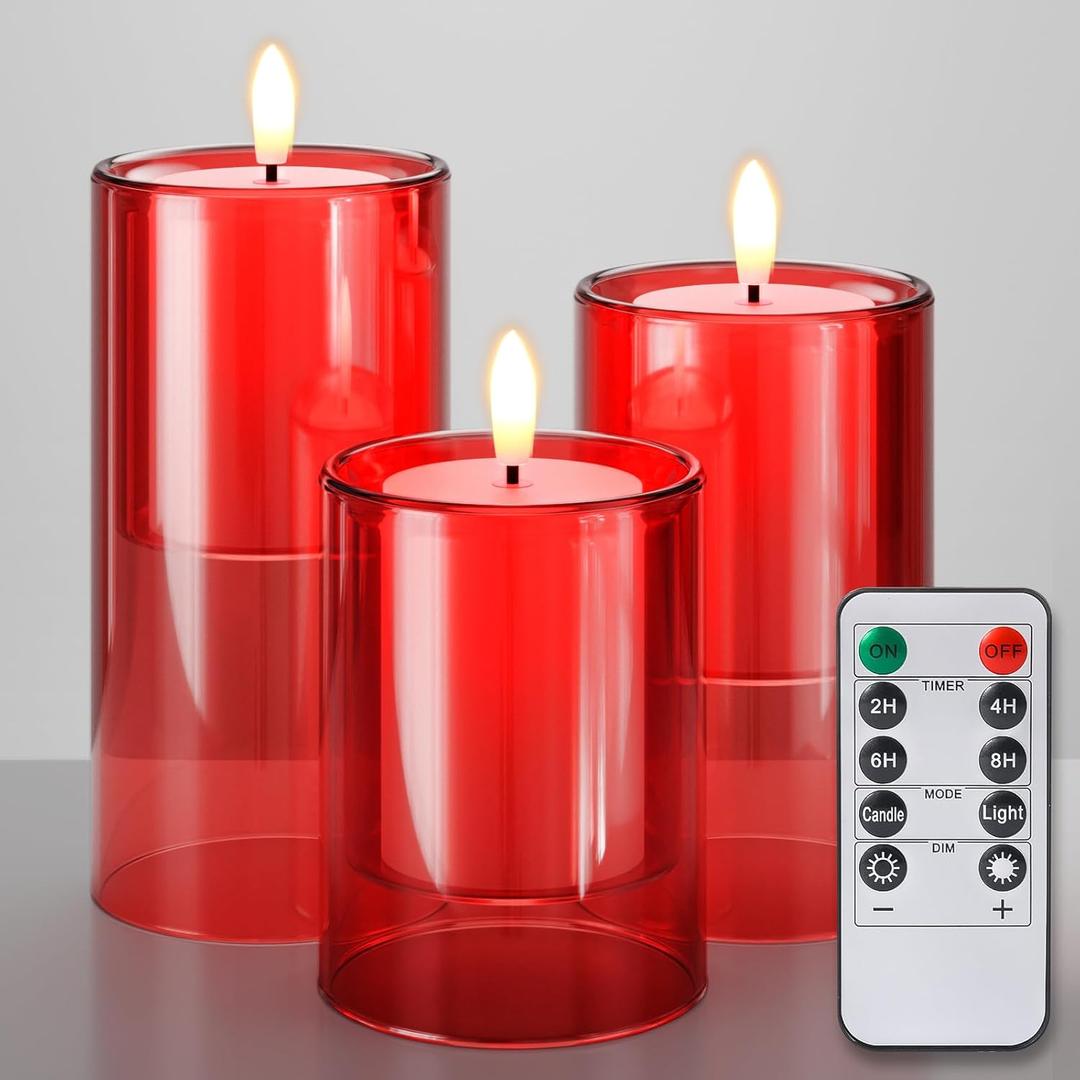 NURADA Flameless Candles with Remote Timer - Glass Real Wax 3D Wick LED Pillar Votive Candle Set Battery Operated Flickering Light for Christmas Home Wedding Party Decoration -Red 3 Pack (4" x 5" x 6")