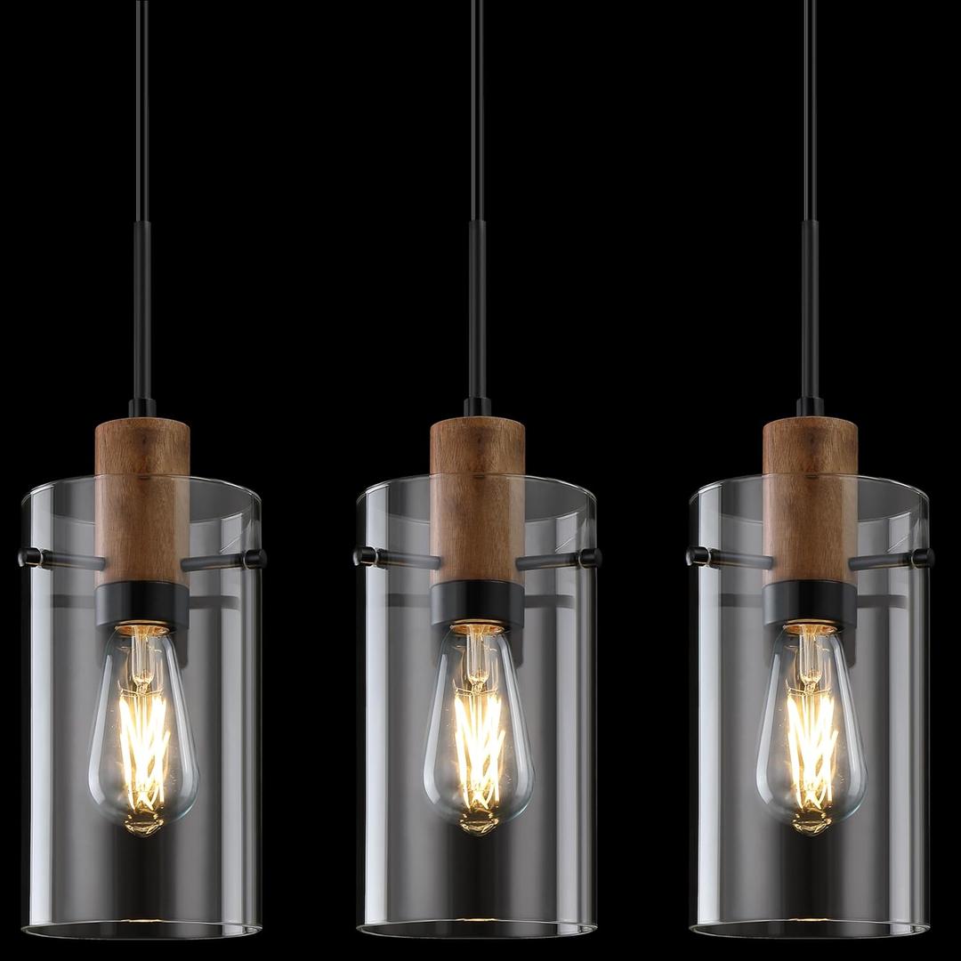 3 Pack 1 Light Industrial Modern Farmhouse Hanging Kitchen Island Pendant Ceiling Light Fixtures, Wood 4.7" Clear Glass Black Finish Over Sink Restaurant Bar Corridor