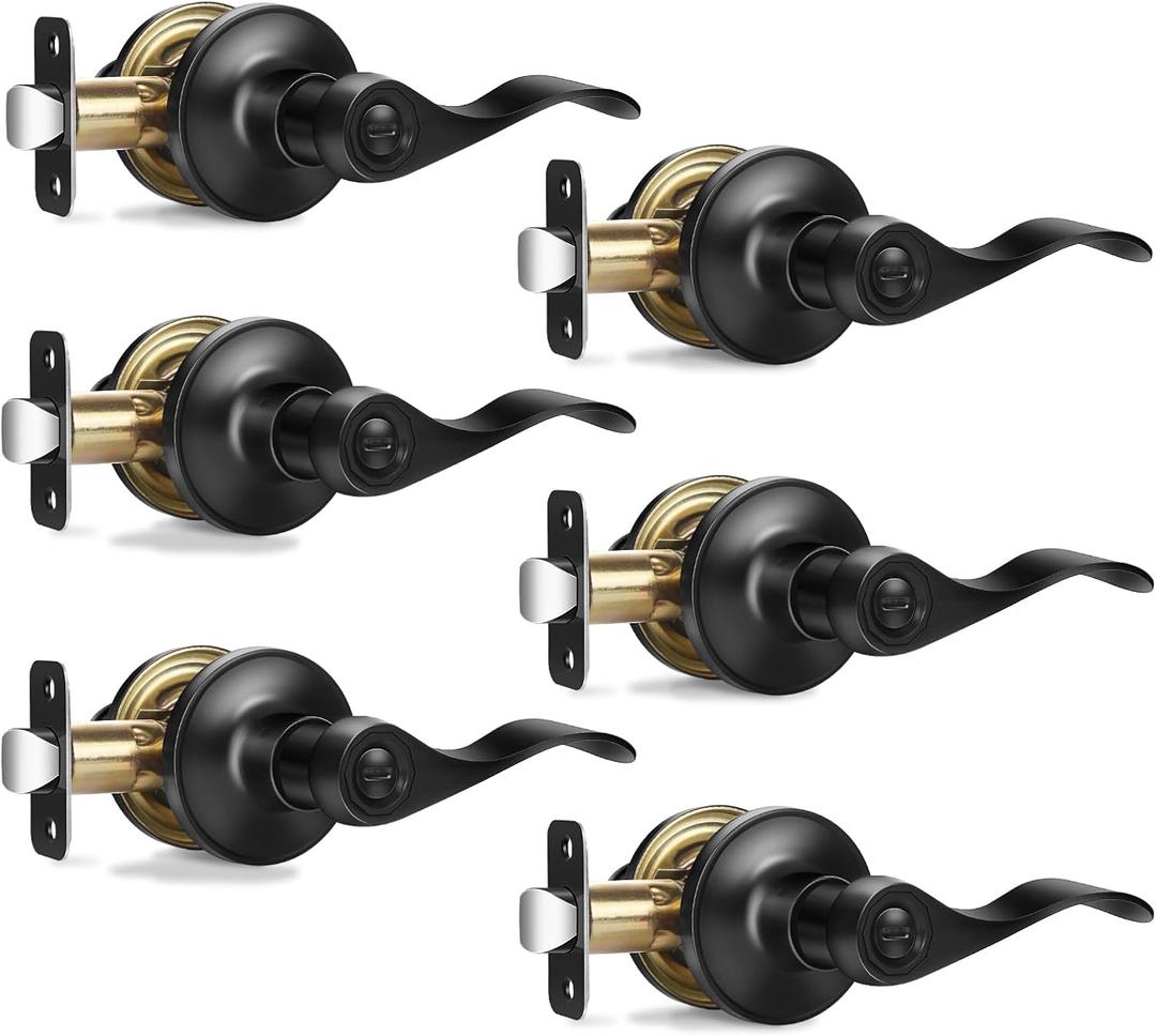 6 Pack Interior Door Knobs Matte Black Privacy Door Handles, Wave Style Reversible Keyless Door Handles,Heavy Duty Door Levers for Bedroom Bathroom Doors