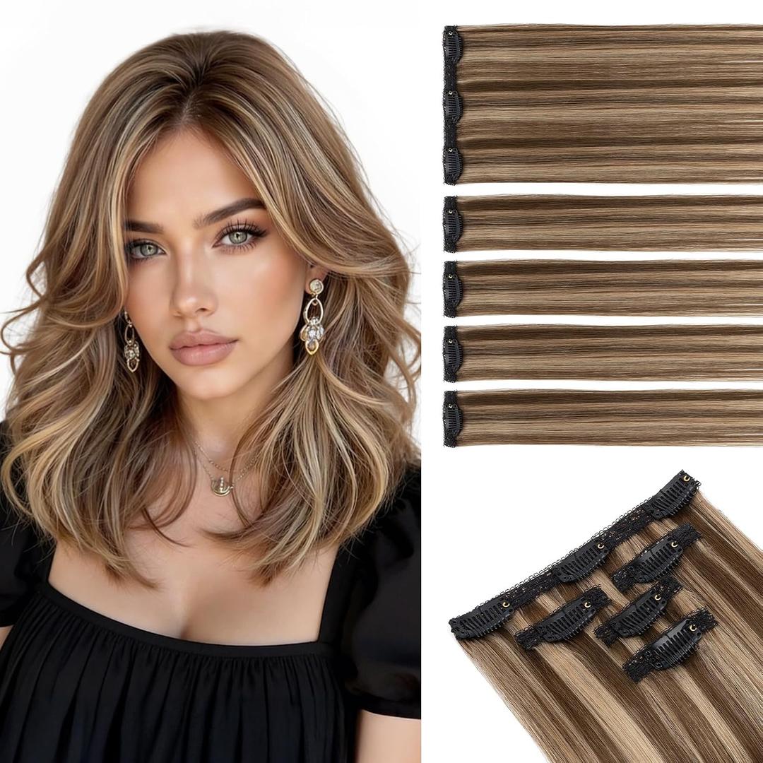 Short Clip in Hair Extensions Real Remy Human Hair,S-noilite Short Hair Extensions Clip ins,Mini Clip in Extensions for Add Volume and Highlights,5 Pieces 38g 12 inch Medium Brown Mixed Dark Blonde