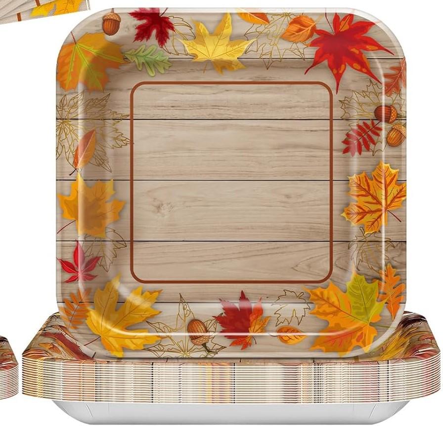 Square Dinner Plate, Dessert Plate, Napkin, Fork, Autumn Leaves Party Tableware Set for Fall Party Supplies Favors