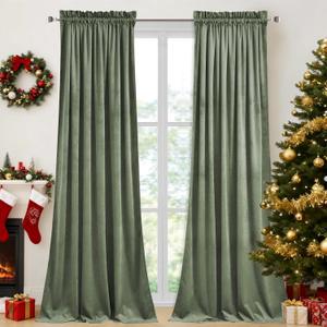 StangH Sage Green Velvet Curtains - Rod Pocket Room Darkening Curtain Panels Heritage Plush Heat Insulation Drapes for Nursery/Bedroom/Living Room, W52 x L84, 2 Panels