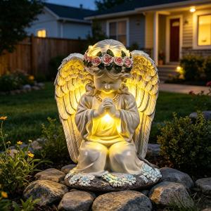Solar Garden Outdoor Statues Lights, Resin Angel Figurine Light for Patio, Balcony, Yard, Lawn Ornament, Unique Housewarming Gifts and Yard Decor