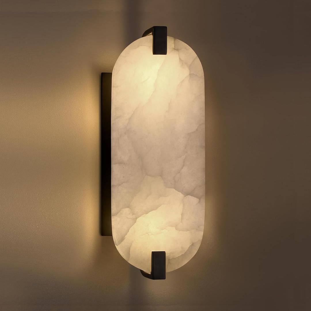 2 Light 12.7" Round Natural Oval Alabaster Bathroom Wall Sconce Modern Concise Style Wall Light Fixture,Black Finish for Bedroom Hallway Bedside Living Room