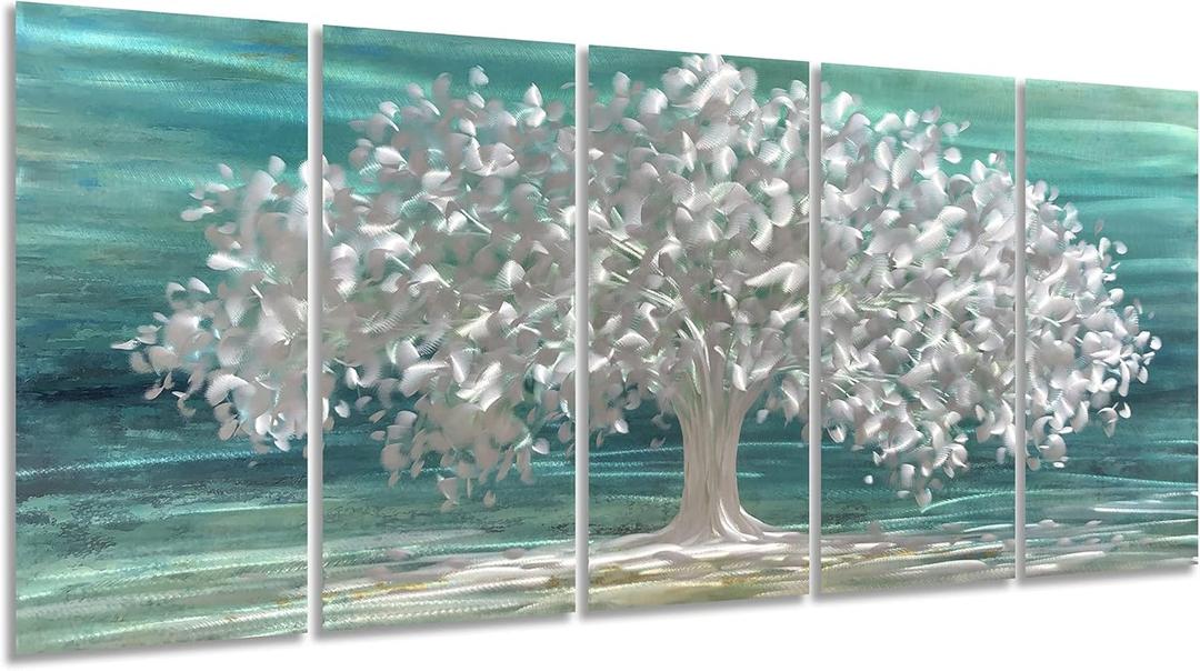 Yihui Arts Tree Of Life Metal Wall Art Handcrafted Aluminum Artwork Teal and Silver Abstract Nature Pictures in 5 Pieces for Living Room Bedroom Bathroom Decor (32x64IN)