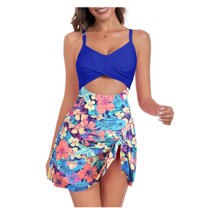 ZAFUL Women One Piece Swimdress Tummy Control Bathing Suit Push Up Swimsuit Modest Swimwear Cutout V Neck Cute Tie Knot Skirt, Size S