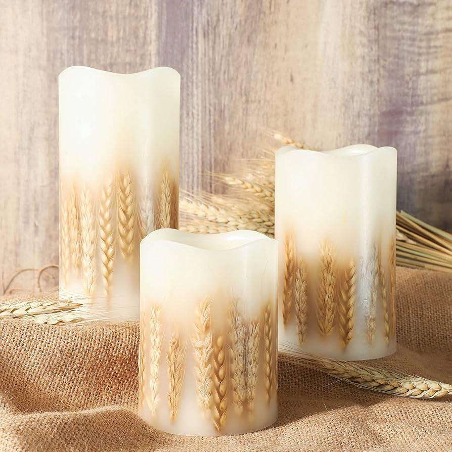 Immeiscent 3 Pack Wheat Flickering Candles, Fall Decor Flameless Candles, Farm House Realistic Pillar Candle with Remote&Timer for Havest Celebration, Fall Decor, Home, Party