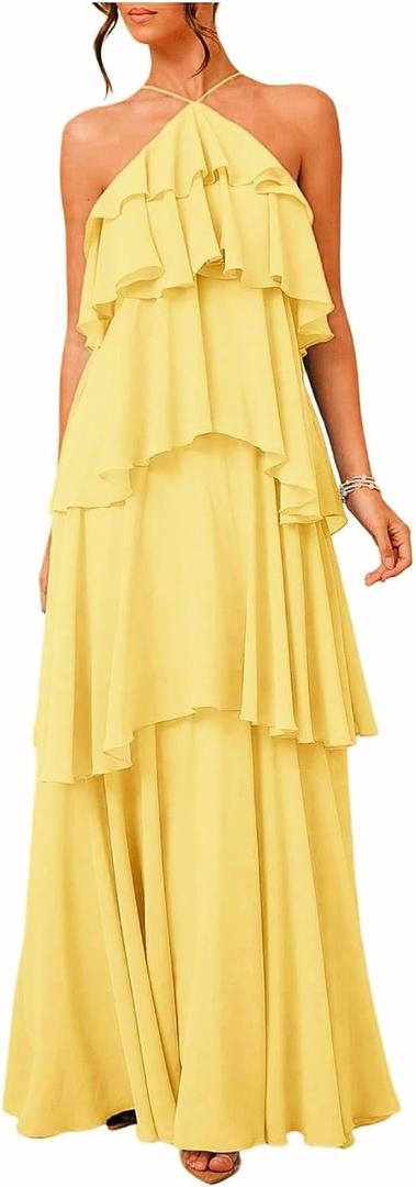 SOLY HUX Women's Sundresses Ruffle Layered Halter Flowy Maxi Dress Elegant Wedding Guest Dresses (Plain Yellow)