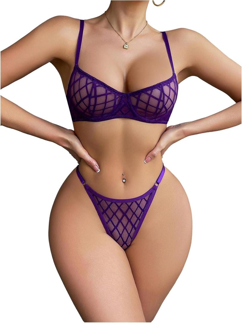 SOLY HUX Women's Sheer Mesh Sexy Lingerie See Through Underwire Bra and Panty 2 Piece Underwear Set (Plain Purple) S