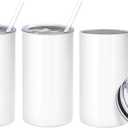 YOUKE OLA 16 Pack Sublimation Tumblers Blanks Bulk Sublimation Cups Skinny Straight Tumbler Stainless Steel Double Wall Insulated Water Bottles with Lid & Straw for DIY Gift, 12oz White