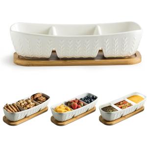 3 Compartment Condiment Tray, Chip and Dip Bowl with Wooden Serving Tray, Perfect for Snacks, Appetizers, Charcuterie, Chips, Candy, 10-inch Chip and Dip Serving Set for Parties