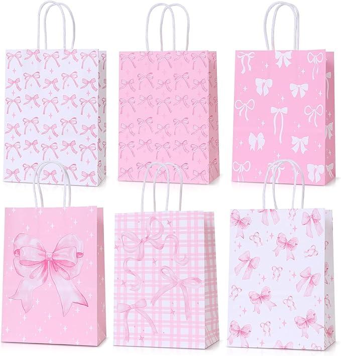 18 Pcs Small Pink Gift Bags Bulk with Handles for Women Birthday, Wedding, Baby Shower, Kraft Pink Ribbon Bow Gift Bag for Girls Tea Party Supplies, Paper Treat Candy Snack Bag for Bachelorette