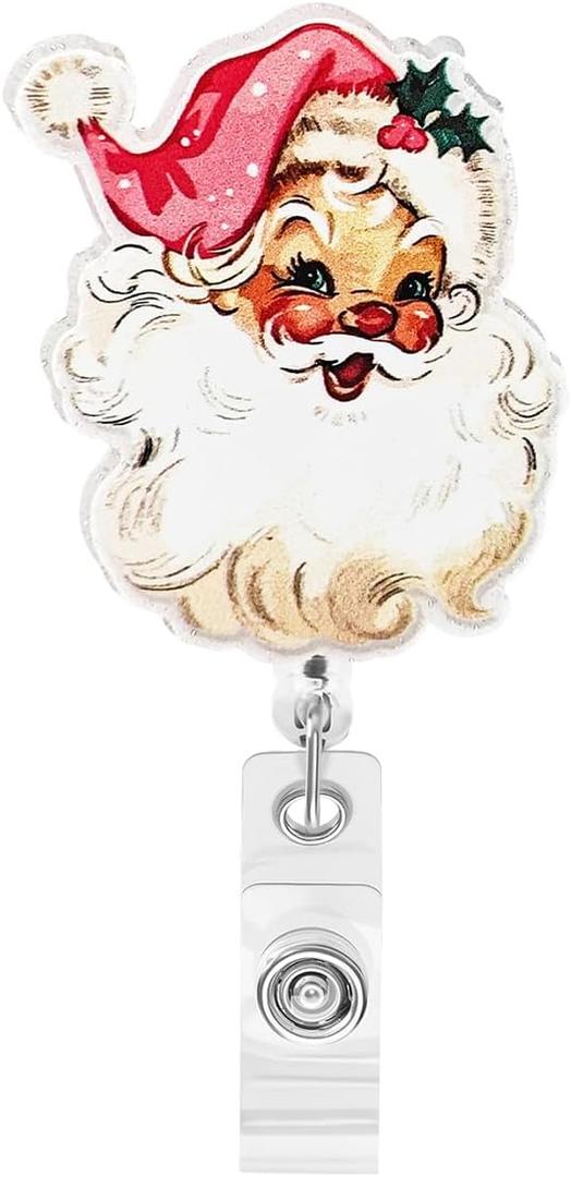 Pink Christmas Retro Santa Nurse Badge Reels Christmas Holiday Retractable Badge Holder for Nurse Doctor Teacher Thanksgiving Badge Reel Retractable for Nursing Student RN NP Medical Worker