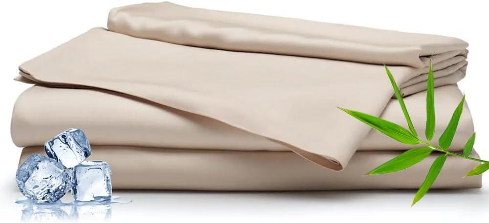 ACCURATEX Cooling Sheets Queen Size - Viscose Made from Bamboo, Luxury Cool Silky Sheet Set for Queen Size Bed, Super Soft Breathable Bedding Sheets up to 16 inches Deep Pockect,Sandy