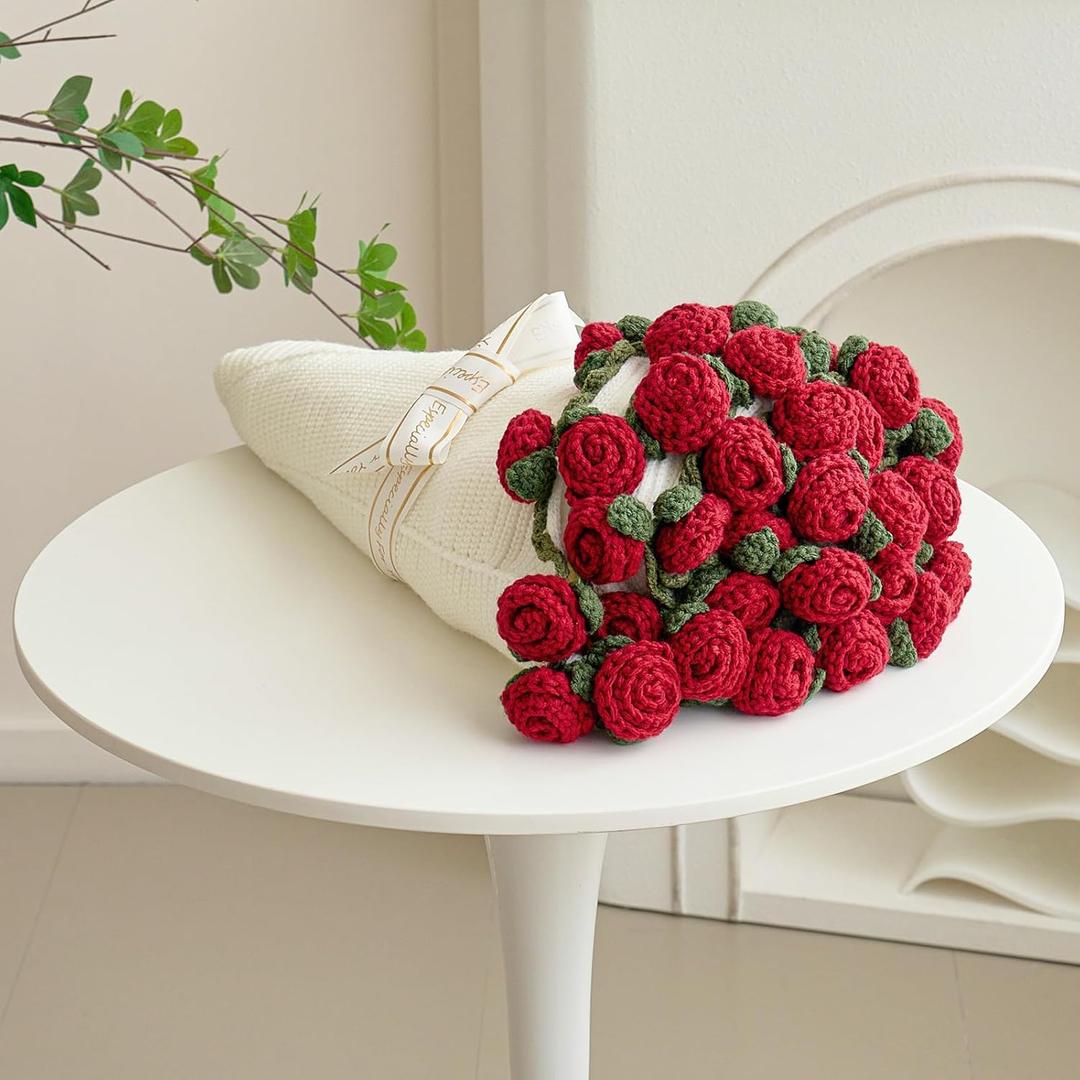 Longhui bedding Crochet Flower Bouquet Throw Blanket, Handmade Knitted Blanket with Red Rose Cute Romantic Gift for Her Girlfriend Mom Mothers Day Valentine Wedding Anniversary Birthday, 40 Inches