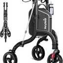 3 Wheel Walkers for Seniors, Lightweight Rollator Walkers Foldable for Elderly with Cane Hold and Cup Hold, Height Adjustable Aluminum Three Wheel Rolling Walker Mobility Aid, Black