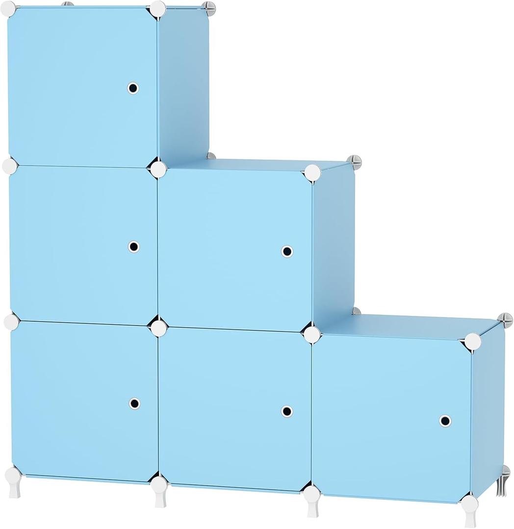 Cube Storage Organizer, 6-Cube Shelves Unit with Doors, DIY Stackable Plastic Clothes Organizer for Bedroom and Under Stairs Storage Unit, Each Compartment 30 x 30 x 30 cm Blue
