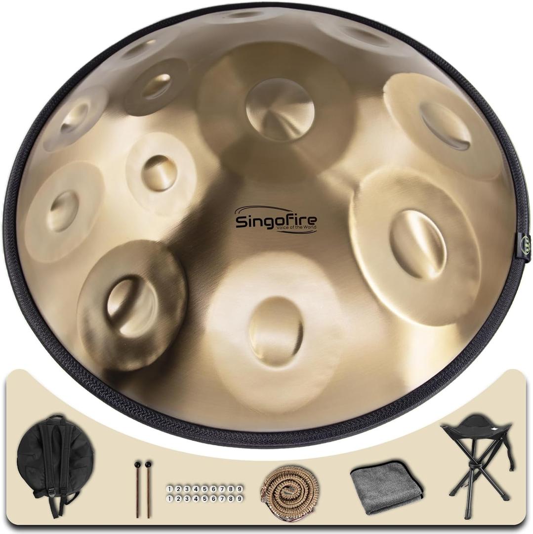 "SINGOFIRE" 12-Notes Handpan Drum, Handpan Drums for Adults, 22-Inch 440Hz D Minor Kurd Handpan, HandPan Instrument with Soft Handpan Bag, 2 Handpan Mallets, Handpan Stand and Dust-Free Cloth (Gold) (Gold-12Notes)