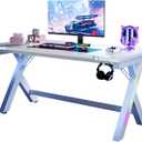 47 Inch Gaming Desk Computer Desk with LED Lights, Sturdy Small Desk for Bedroom, Home Office Desks Ergonomic PC Gaming Table Workstation with Cup Holder, Headphone Hook, Cable Box, Carbon Fiber White