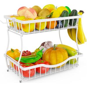 White 2 Tier Large Fruit Basket for Kitchen Counter with 2 Banana Hangers, Metal Fruit Bowl for Onion Vegetable Bread Snack, Countertop Organizer  14.5" W x 9.5" D