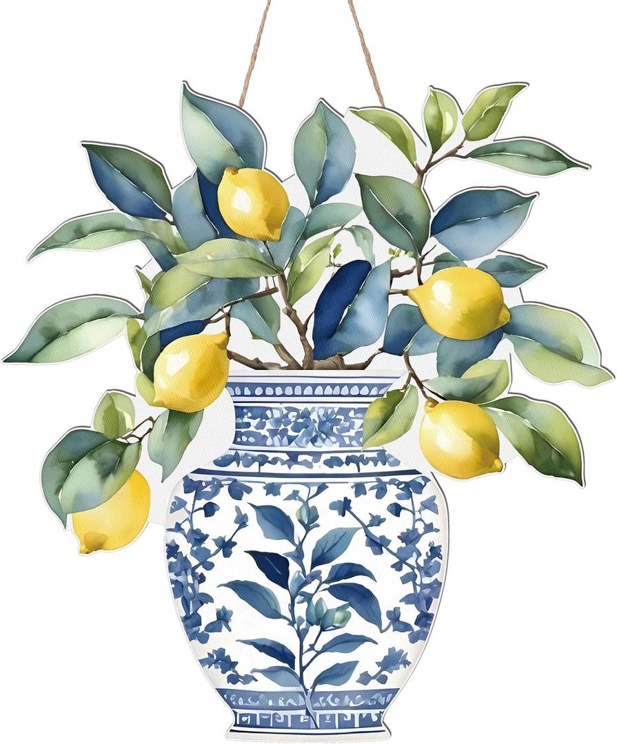 AceOrbit Chinoiserie Lemon Wall Art Decor 13.8 Inch Blue and White Chinoiserie Porcelain Door Decoration Wooden Farmhouse Summer Lemons Hanging Decor for Living Room Kitchen Indoor Outdoor Home Porch