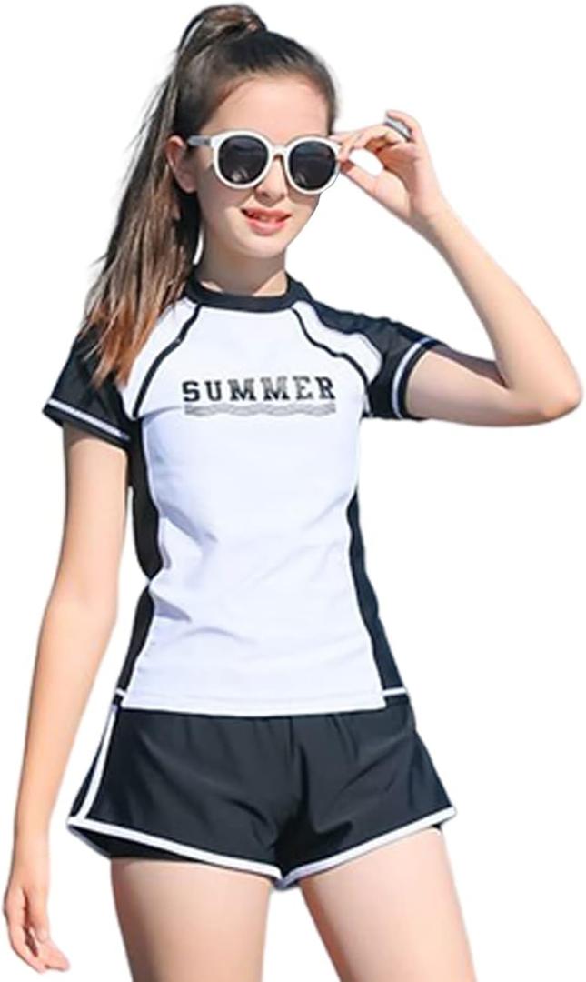 KORADI Girls Swimsuits Rash Guard Swim Sets Kids Two-Piece Bathing Suits Teen Swimwear Beach Shorts Sun Protection Swim Shirts, Size: 11-12 Years 