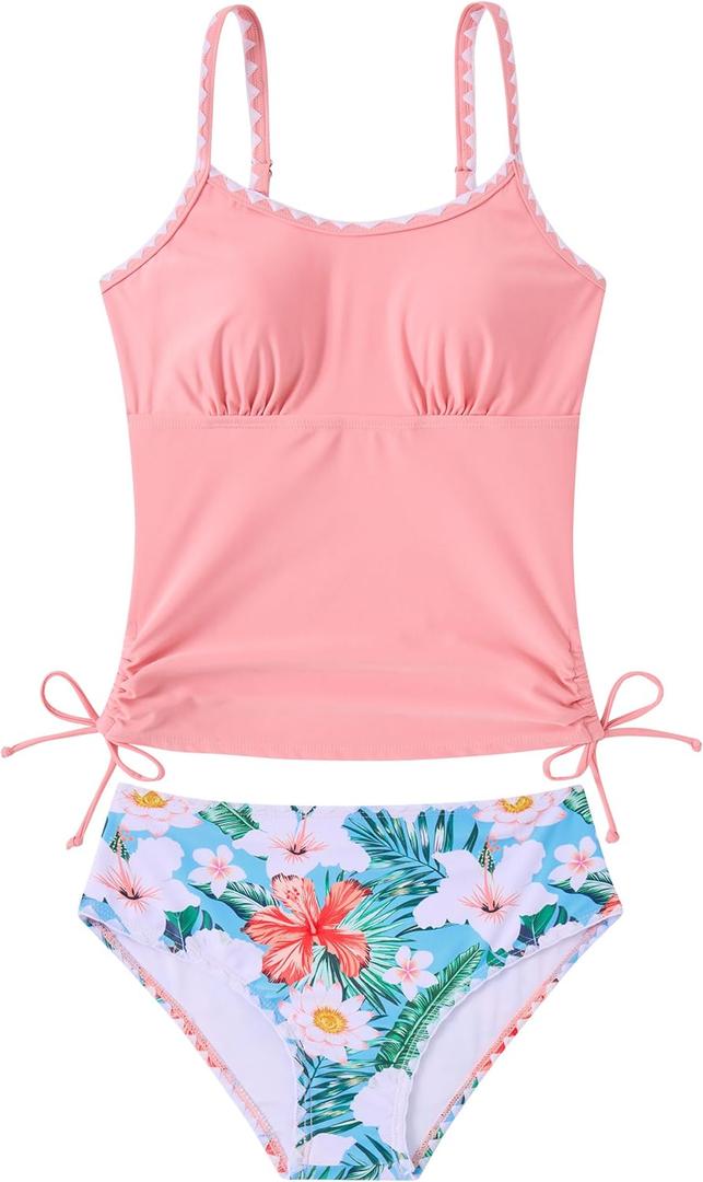 Funnycokid Teen Girls Swimsuit Padded Bathing Suit 2 Piece Tankini Contrast Trim Ruched Design Swimwear (9-10 Years, Floral Pink)