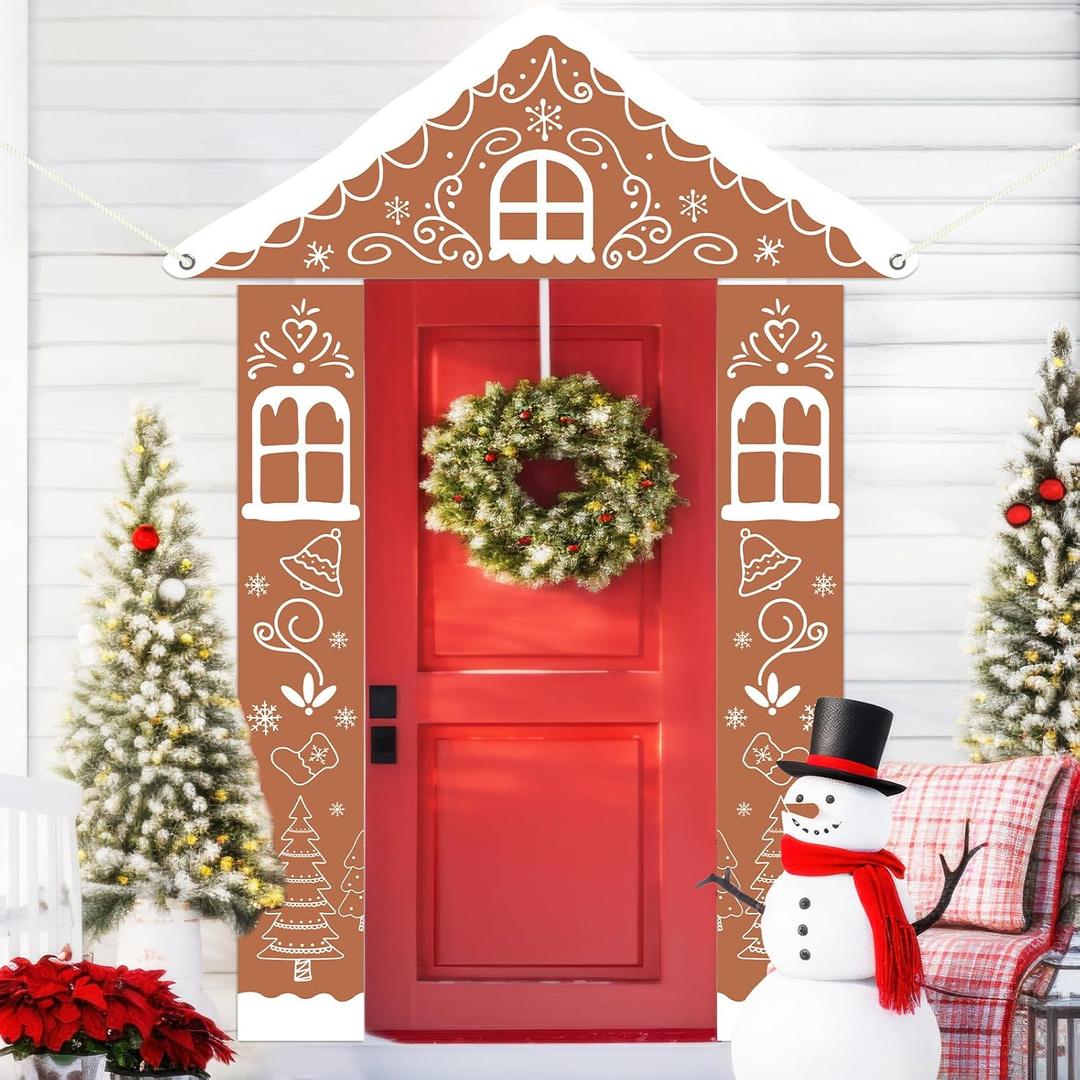 Christmas Gingerbread House Porch Banner Christmas Door Decoration Gingerbread House White Gable Door Cover Xmas Hanging Backdrop Porch Signs for Winter Holiday Party Home Indoor Outdoor Wall Decor