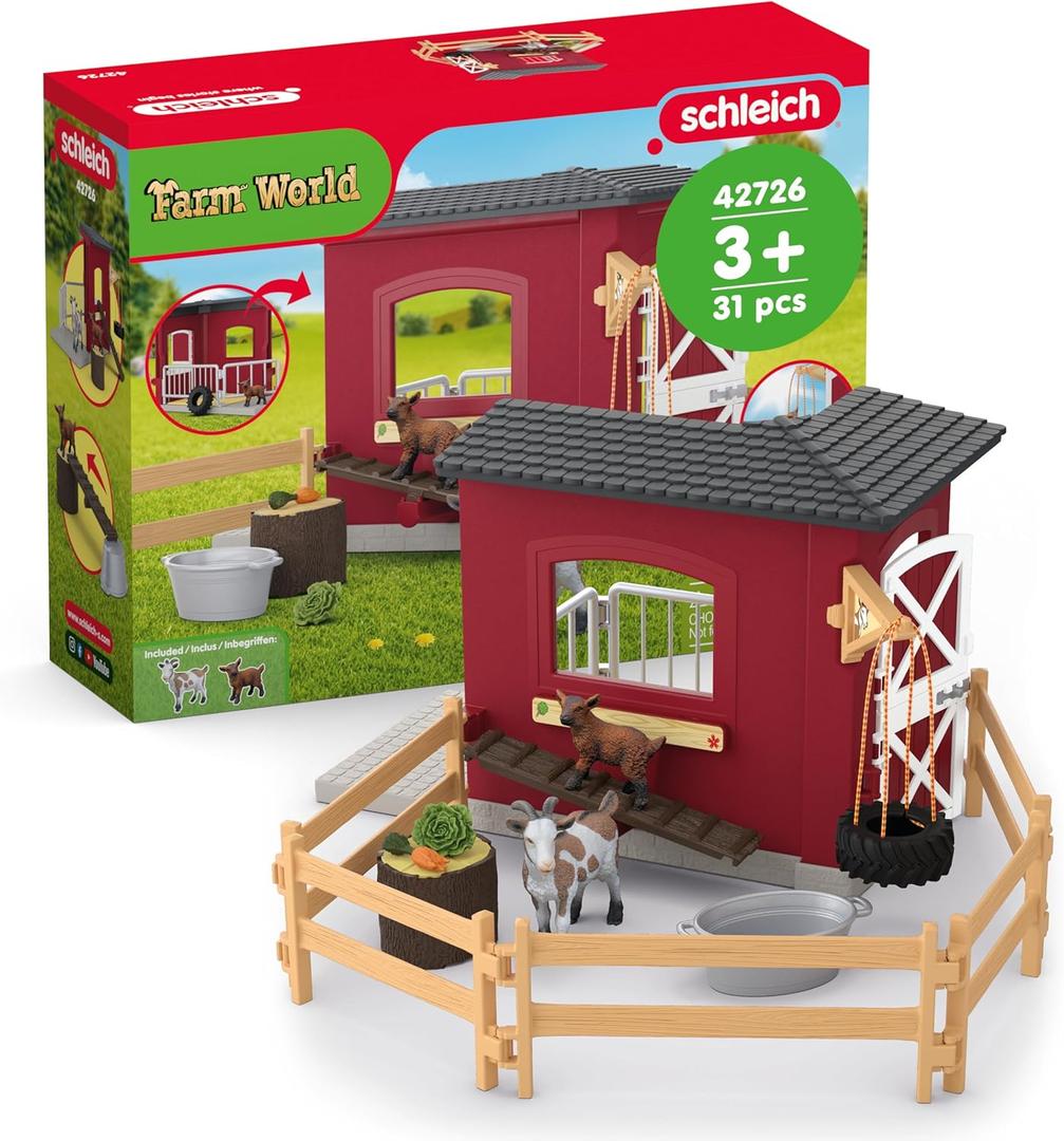 Schleich Farm World 31PC Goat Stable Playset with 2 Goat Figures and Accessories Farm Animal Toys for Boys and Girls Pretend Play Barn Toy for Imaginative Play - Toddlers, Kids Ages 3+ | 42726
