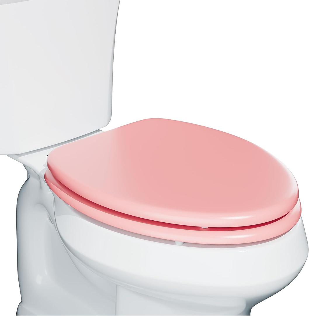 Elongated Slow Close Wood Toilet Seat, Pink Wooden Toilet Seat with Baked Enamel Finish Support 400 lbs, Oval Toilet Lid with Soft Close Chrome Hinges and Grip-Tight Bumpers, Easy to Clean and Install