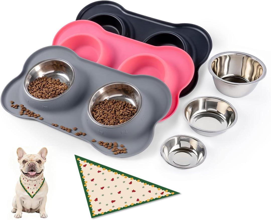 Dog Bowls with Silicone Feeding Mat,No Spill Food Water Dish Set,Dishwasher Safe,2 Stainless Steel Puppy Bowls with Dogs Bandanas,Suitable for Tiny Pets Under 8lbs,Extra Small,Grey