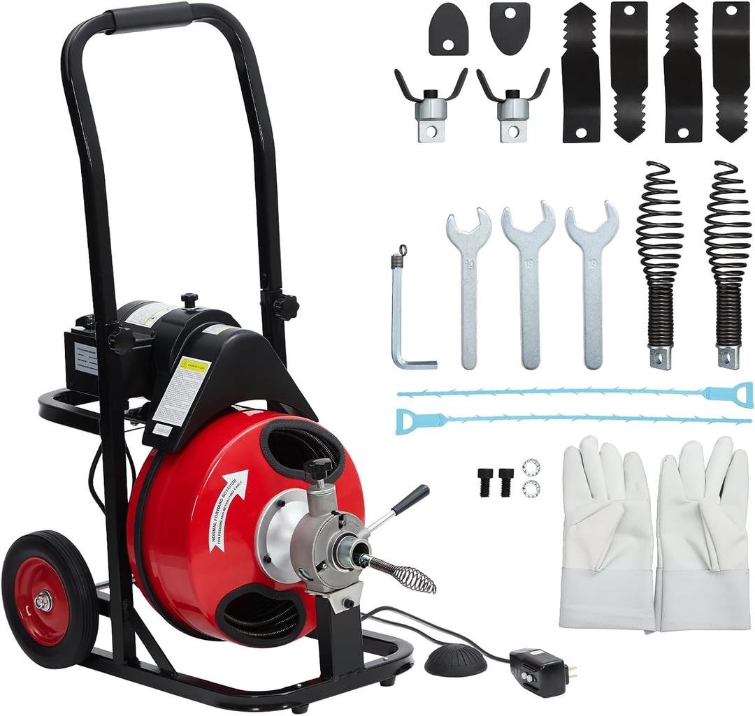 GarveeTech Auto Feed 75 ft x 1/2 in Drain Cleaner Machine with 250W Motor, Portable Sewer Snake Auger with 8 Cutters & Air-activated Foot Switch, Fits 1 in to 4 in Pipes, Black & Red