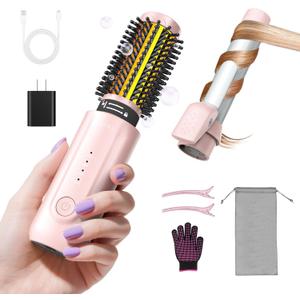 Cordless Curling Iron Brush, 8000mAh, 4 Temp Setting, 1/1.5 inch 2 in 1 Portable Mini Travel Hot Comb,Rechargeable Hair Curler Cordless with 200 Million Negative Ions, Dual Voltage for Travel (Pink)