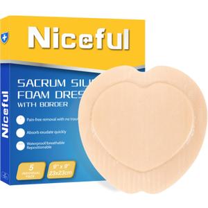 Sacral Foam Dressing 9" x 9" - Border Sacrum Bandage for Bed Sores Pressure, Silicone Adhesive Wound Dressing Pads for Large Wound, 5 Count