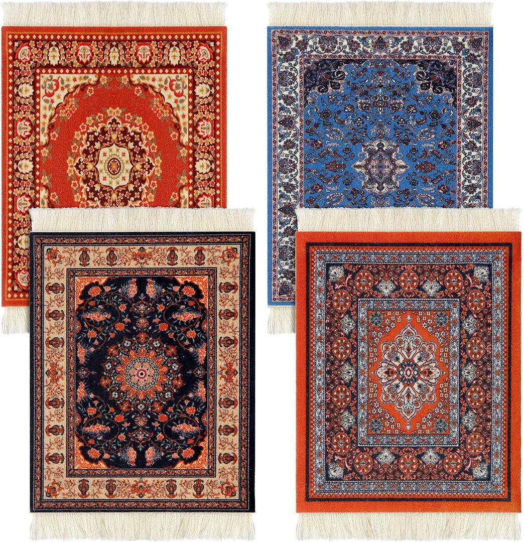 4 Pieces Rug Table Coasters Table Drink Holders Oriental Design Fabric Carpet Drink Mats Oriental Design Fabric Elegant Carpets Kitchen and Bar Mats for Home Office(Square,Retro Pattern)